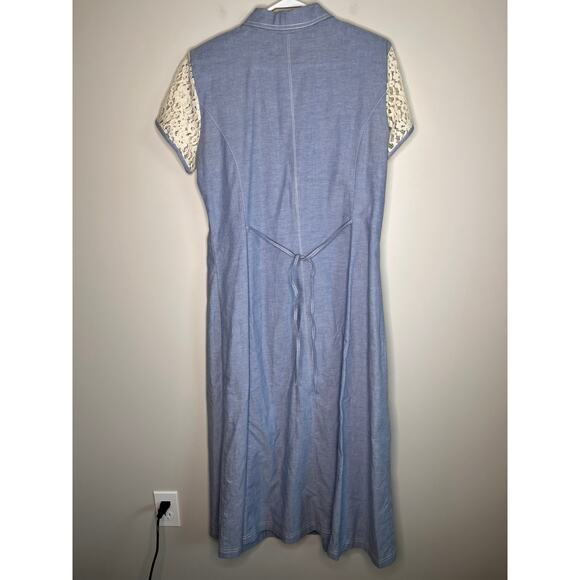1990s Lacy After Noon Denim Chambray Coquette Cottage Floral Lace Maxi Dress L - Picture 7 of 8
